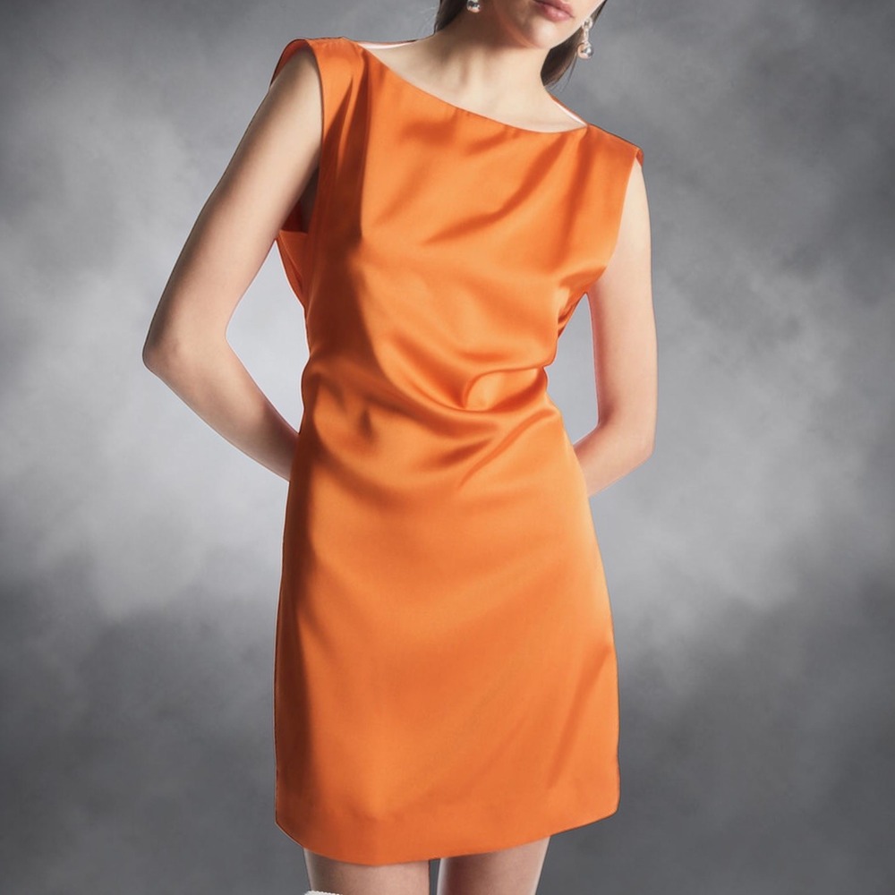 COS Draped Open Back Orange Satin  Mini Dress Women's 14 Quiet Luxury Minimalist